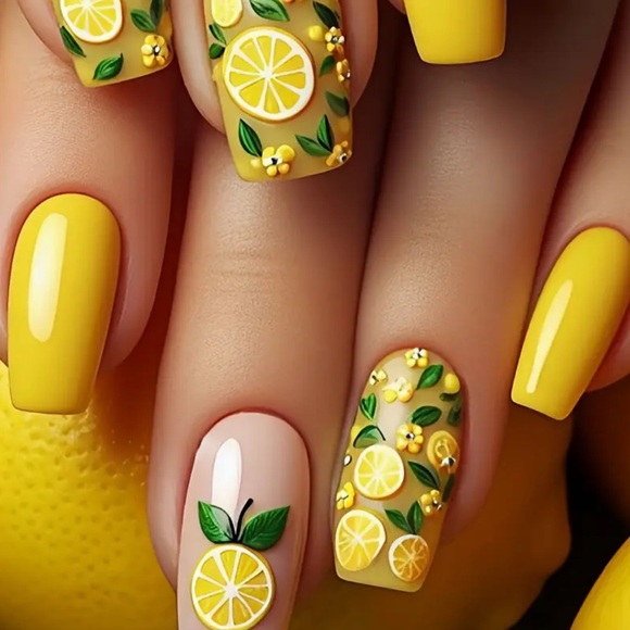 Summer Lemon Yellow Press On Nail Art Reusable 24 pc Medium NWT - Picture 1 of 11
